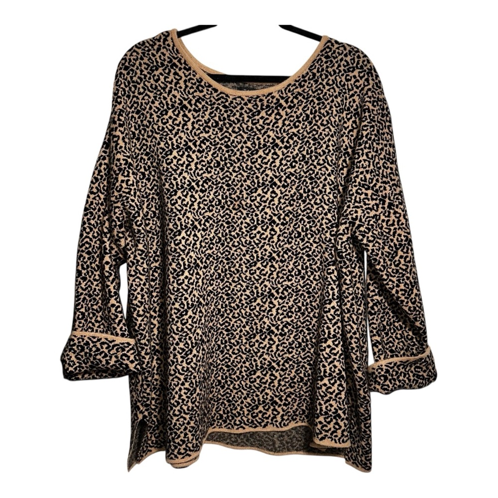 TAHARI Leopard Print Sweater Roll Cuff Sleeves size 2X Soft and Cozy